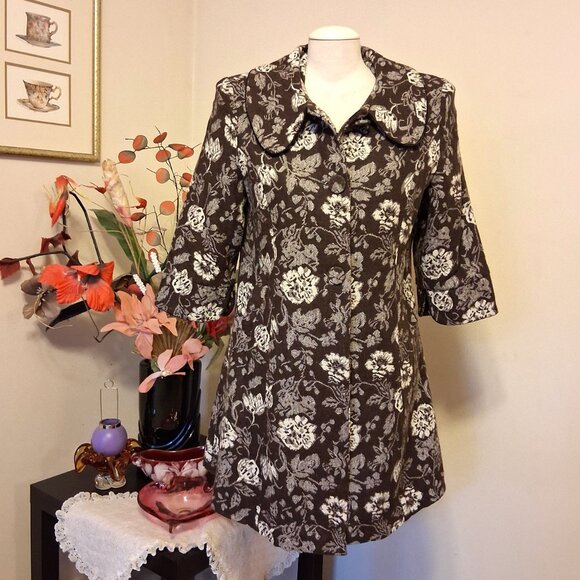 NEW Women’s Elegant Pea Coat Brown White Floral Lined Trench Coat ¾ Sleeve 12 L - Picture 2 of 9
